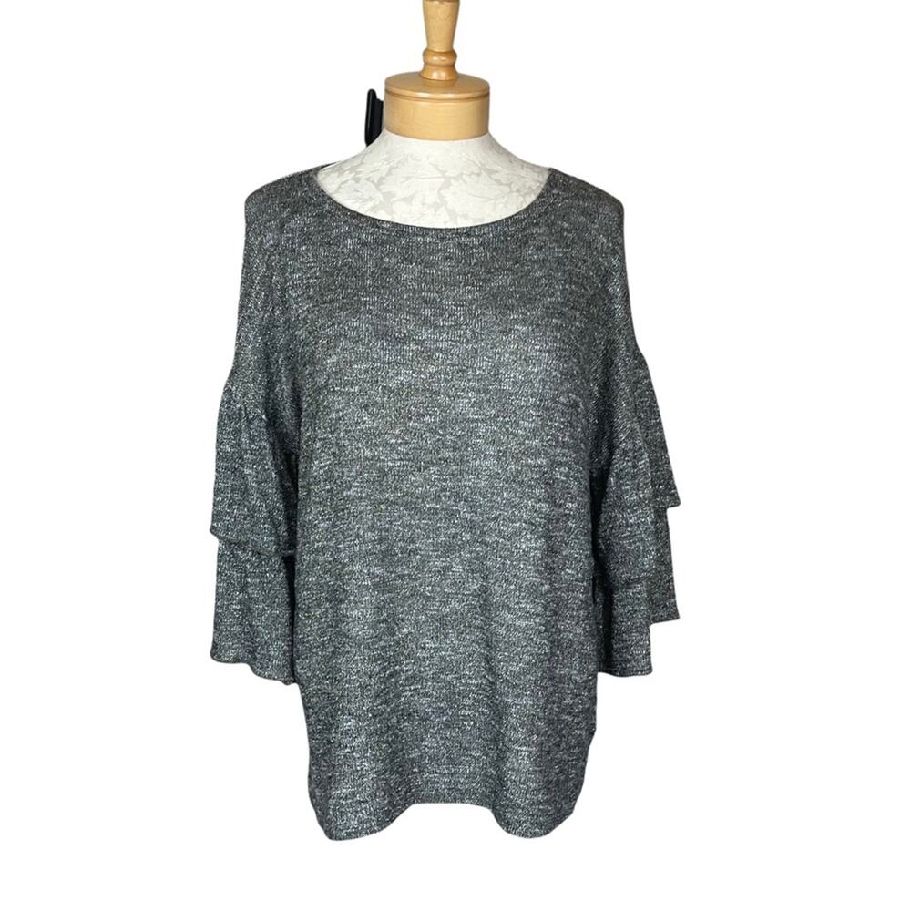 ANA Scoop Neck Sweater with Two Tiered Sleeve Brown Marled with Gold Lurex XL